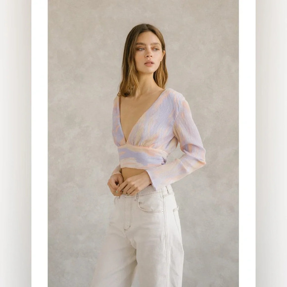 Storia Pastel Crepe Cropped Top Whimsy V-neck Lightweight Long Sleeve Blouse S - Picture 3 of 14